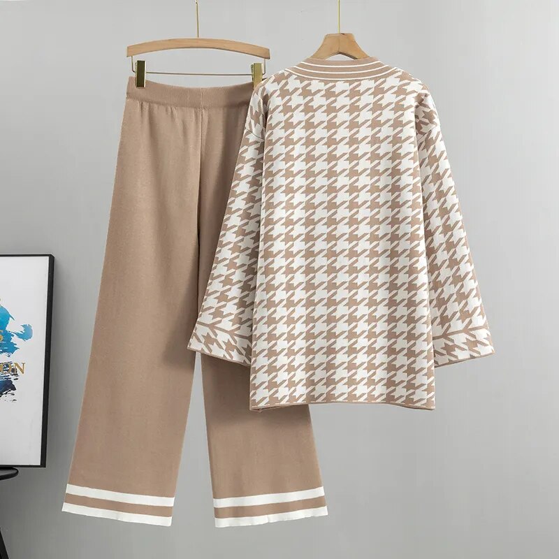 Oversized Knit Women Cardigan Sweater Tracksuits Wide Leg Pants Suits 2 pieces Set