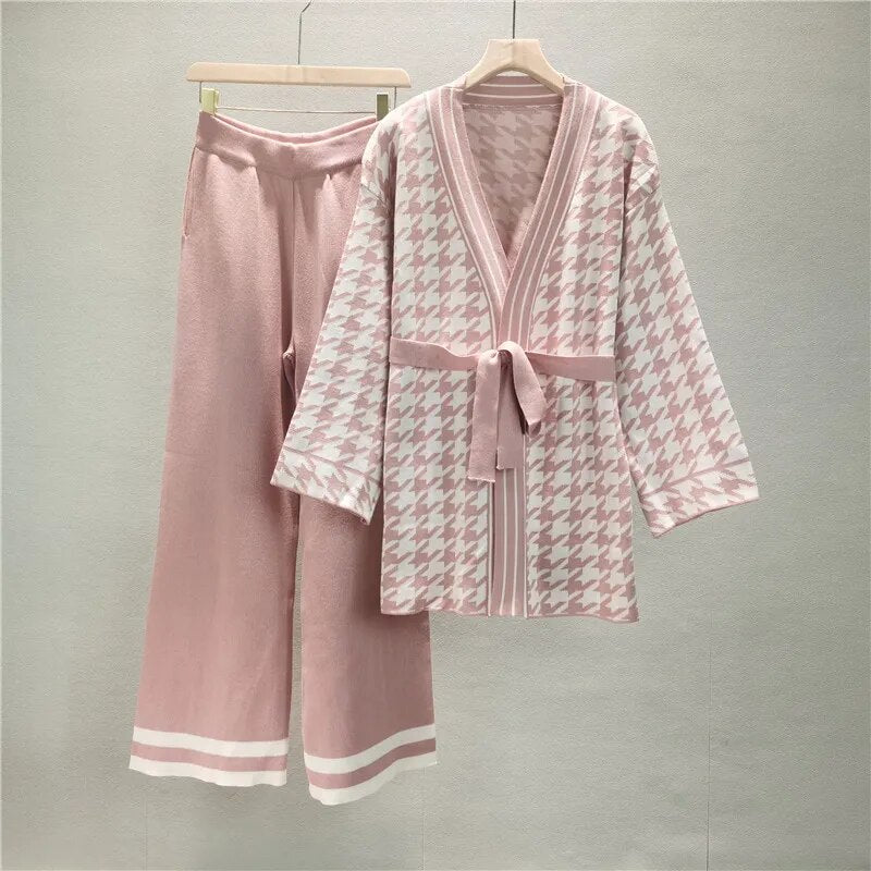 Oversized Knit Women Cardigan Sweater Tracksuits Wide Leg Pants Suits 2 pieces Set