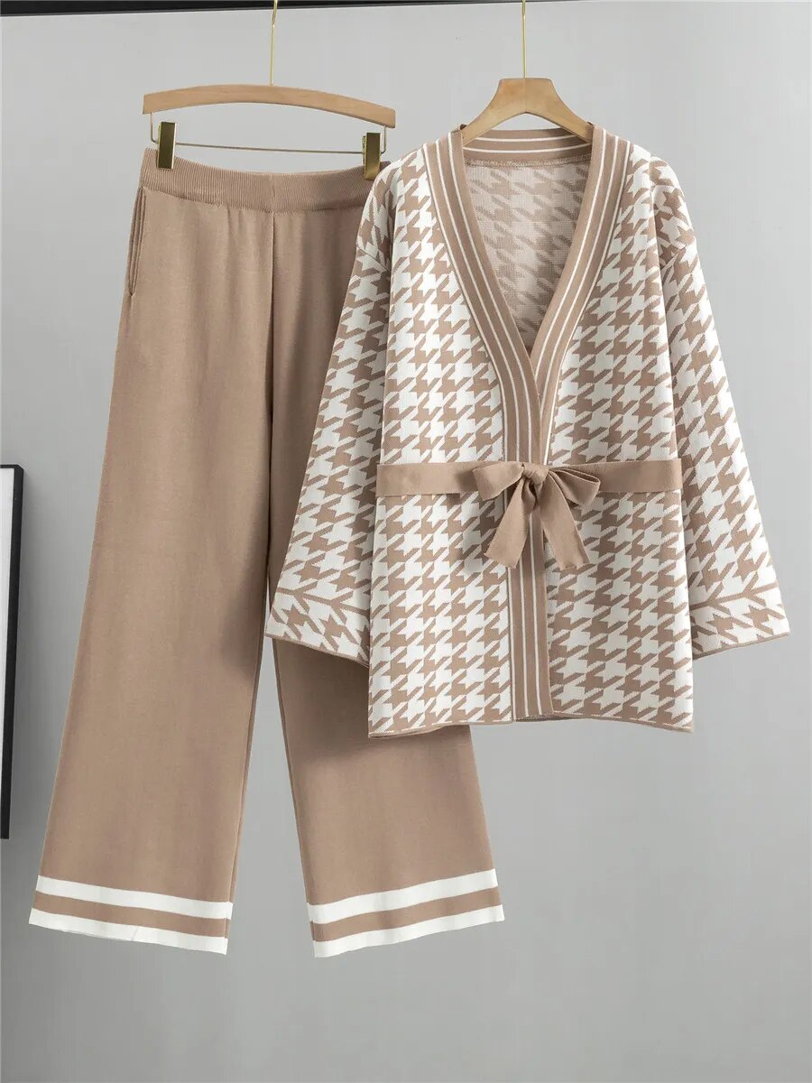 Oversized Knit Women Cardigan Sweater Tracksuits Wide Leg Pants Suits 2 pieces Set