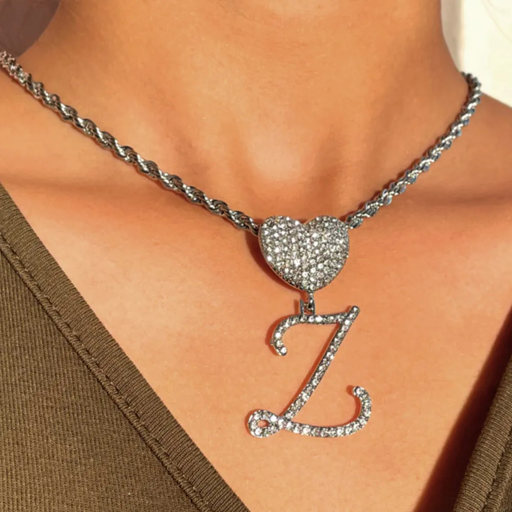 New A-Z Cursive Letter Heart Pendant Iced Out Cuban Necklace For Women Initial Zircon Link Chain Necklace Choker Hip hop Jewelry