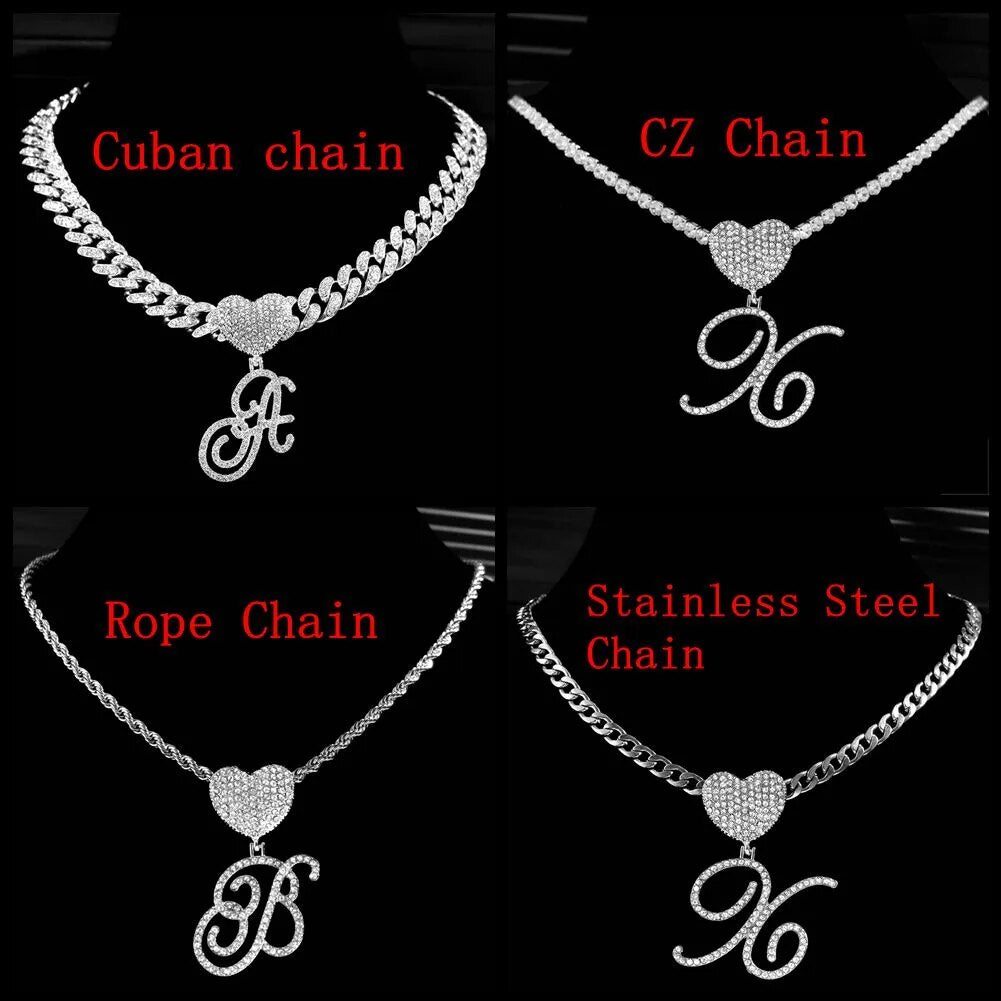 New A-Z Cursive Letter Heart Pendant Iced Out Cuban Necklace For Women Initial Zircon Link Chain Necklace Choker Hip hop Jewelry