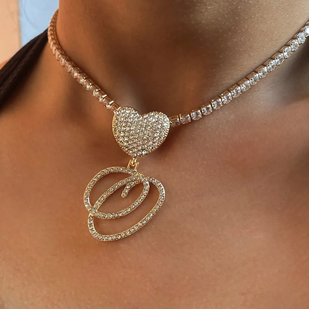 New A-Z Cursive Letter Heart Pendant Iced Out Cuban Necklace For Women Initial Zircon Link Chain Necklace Choker Hip hop Jewelry