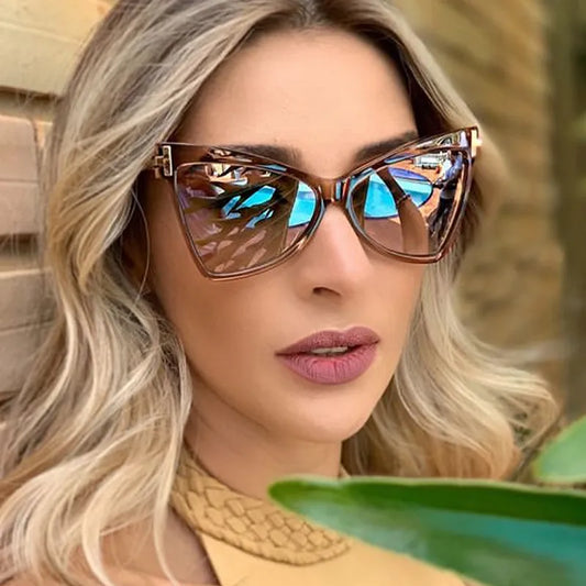 Vintage Oversized Cat Eye Sunglasses For Women Fashion Luxury Brand Alloy Black Brown Sun Glasses Female Elegant Big Shades Men