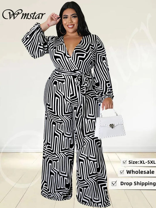 Wmstar Plus Size Women Print Jumpsuit Summer One Piece Printed Lace Up Casual Wide Leg Bodysuit Hot Sale Wholesale Dropshipping